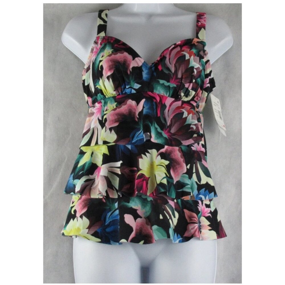 NWT Swim Solutions Women's Tiered Tankini Top Swimsuit, Floral Multi, Size 8